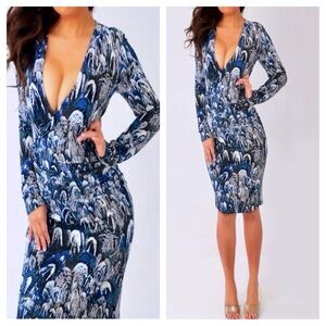 Jennifer Lopez Blue and White Long Sleeve Dress